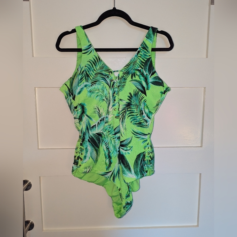 Women's Coastal Waves Neon Green One piece swimsuit with palm in a size 3X.